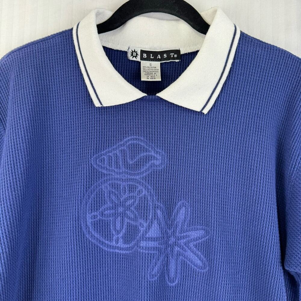 Blast Seashell Embossed Short Sleeve Navy Blue Polo Shirt Small Coastal Grandma